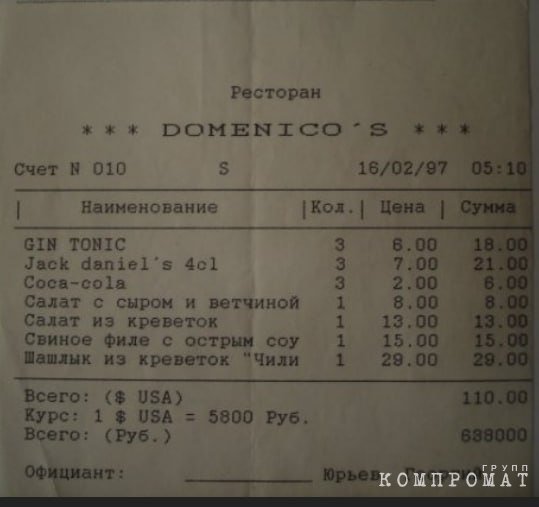 Чек из &laquo;Доменикоса&raquo;